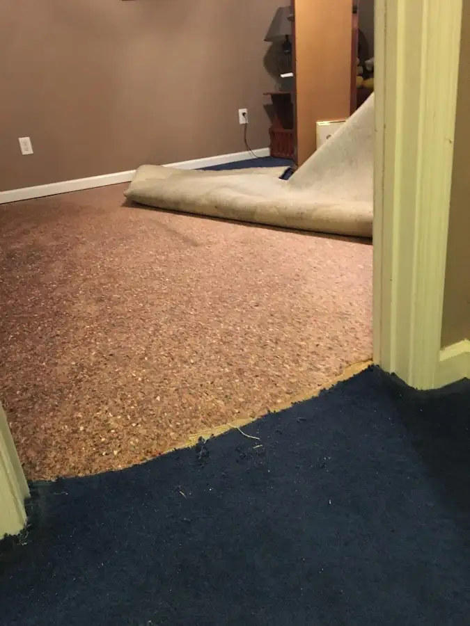 Carpet pad removal revealing water damage during Water Mitigation Services in Kendallville